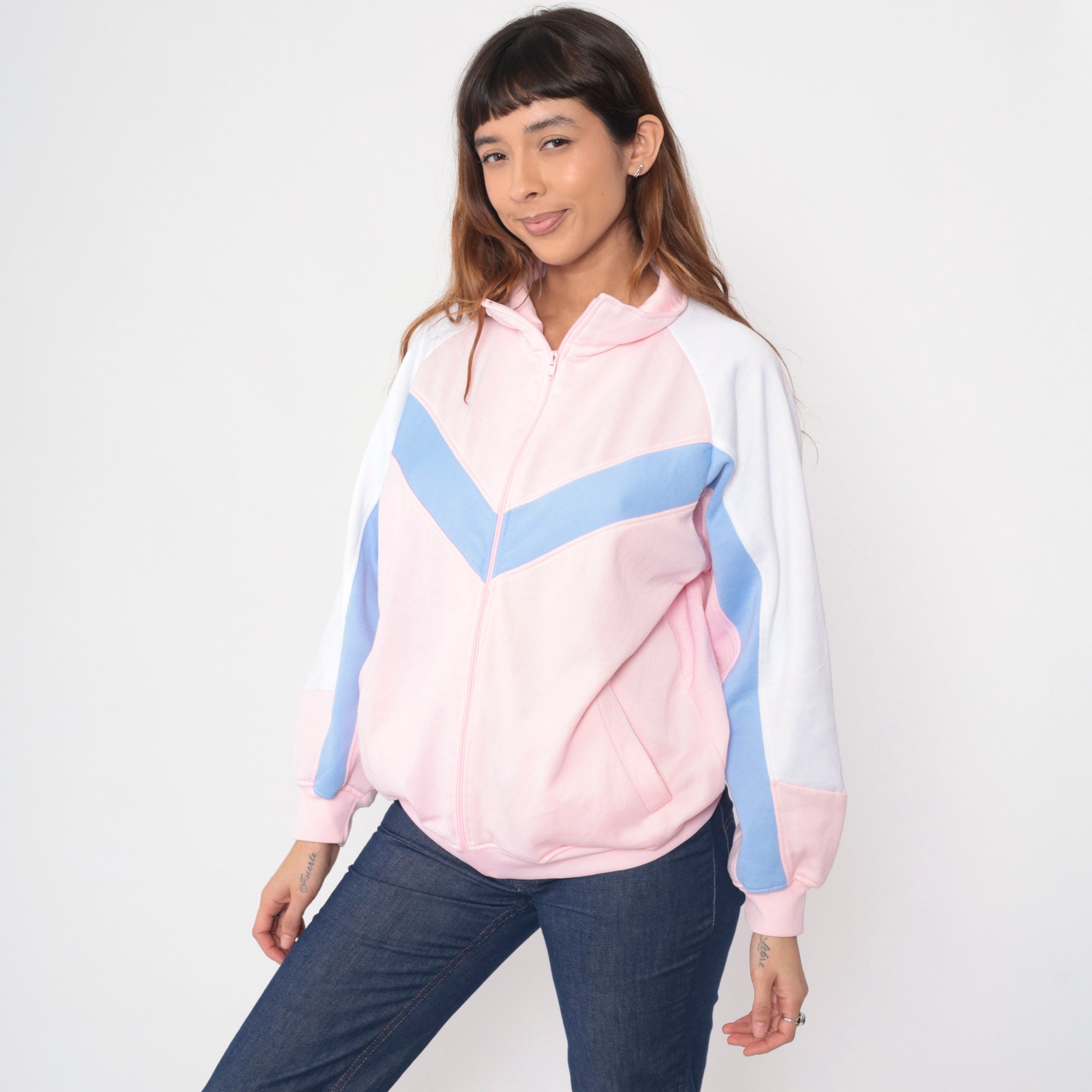 Baby Pink Track Jacket 80s 90s Chevron Color Block Zip up