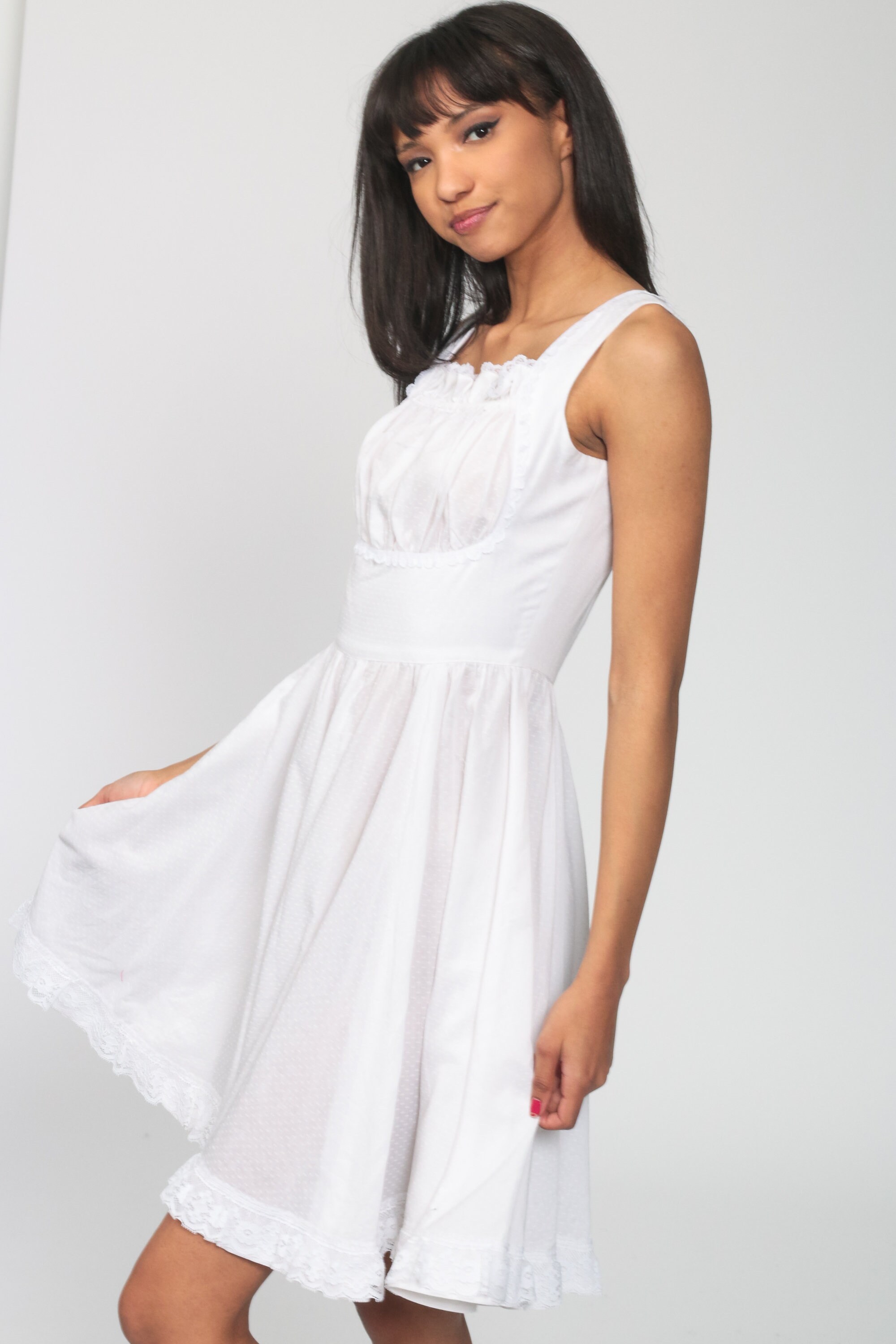 White Peasant Dress 70s Summer Babydoll Dress Empire Waist Hippie Boho Mini 1970s Bohemian Sun