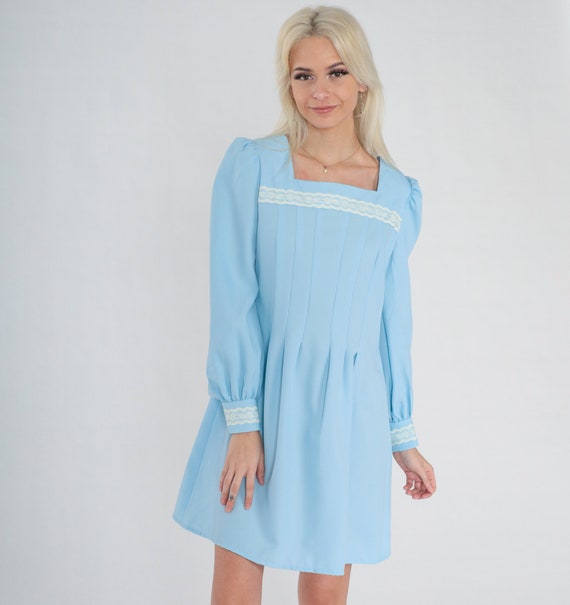 Blue Mini Dress 70s Puff Sleeve Pleated Dress Lac… - image 5