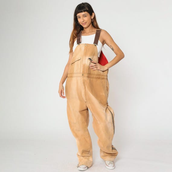 Vintage 90s Key Imperial Overalls Tan Insulated Distressed Canvas Workwear Carpenter Bib Utility Heavy Duty Work Wear Extra Large xl Reg