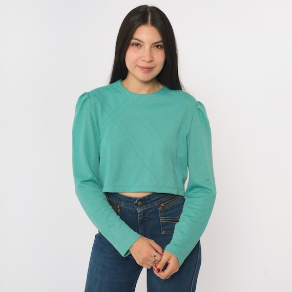 Vintage Green Puff Sleeve Crop Top 80s Long Sleeve Lattice Textured Blouse 1980s Cropped Shirt Plain Retro Polyester Wool Blend Medium M