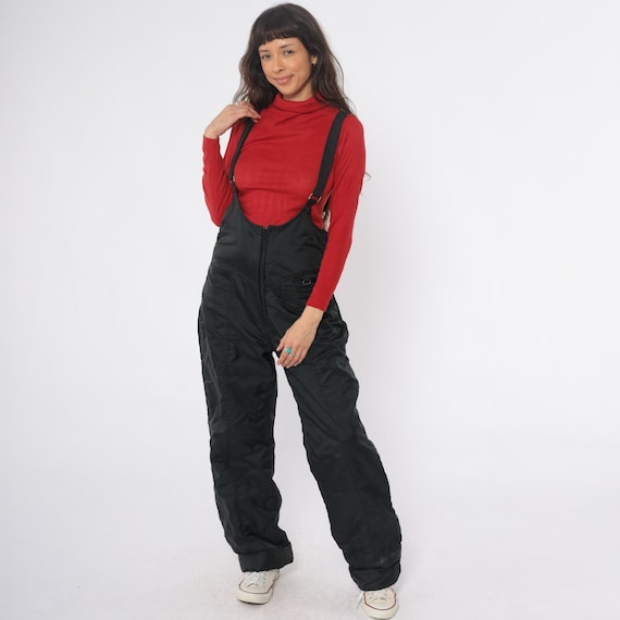 90s Black Ski Pants Suspender Straps Snow Insulated Winter Outdoor Gorpcore Snowboard Vintage Full Length Hiking Trail Medium M
