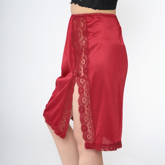 Half Slip Skirt 70s Lingerie Skirt Red Lace Slip Midi Front Slit Pinup Romantic High Waisted Boho 1970s Bohemian Vintage Pin Up Medium