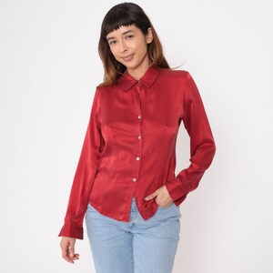 Red Silk Shirt 90s Long Sleeve Party Blouse Formal Button Up Shirt 1990s Vintage Retro Plain Minimal Top Small 6