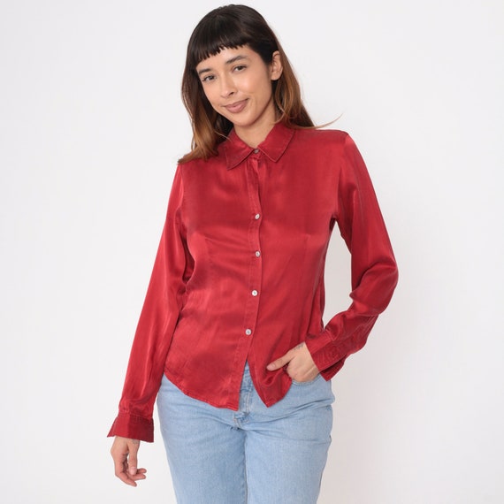 Red Silk Shirt 90s Long Sleeve Party Blouse Formal Button Up Shirt 1990s Vintage Retro Plain Minimal Top Small 6
