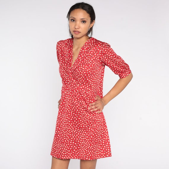 70s Red Mini Dress Abstract Dot Print Dress Retro… - image 3