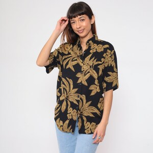 Tropical Floral Blouse 90s Button Up Shirt Black Cheetah Animal Print Flower Leaf Top Summer Short Sleeve Botanical Vintage 1990s Small S image 5