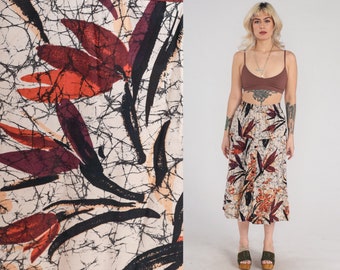 80s Midi Skirt Retro Floral Summer Skirt Button Up Abstract Marbled Leaf Print Bohemian Hippie High Waisted Beige Vintage 1980s Small Medium