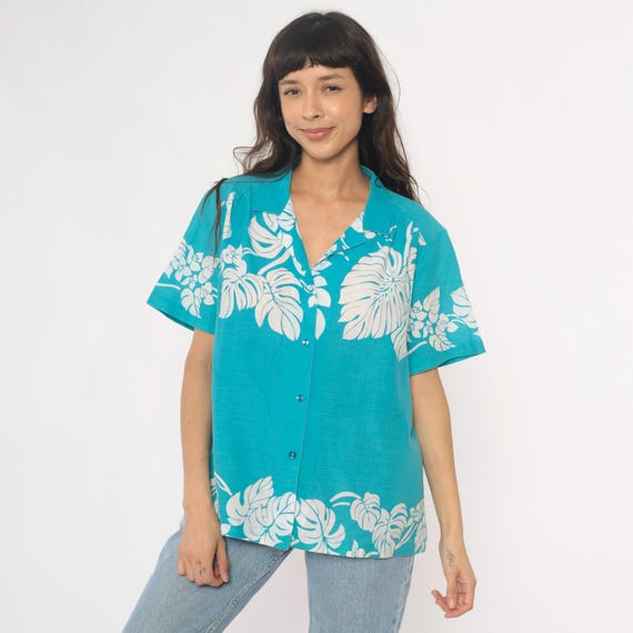 80s Hawaiian Shirt Hilo Hattie Turquoise Blue White Tropical Monstera Leaf Short Sleeve Resort Beach Vacation Aloha Top Vintage Large L