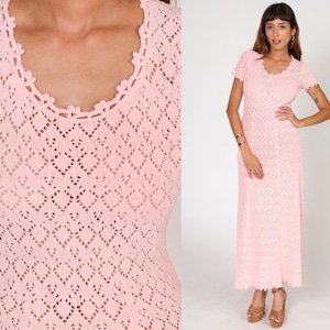 70s Crochet Dress Sheer Maxi Pink Dress Boho Knit Sweater Dress Festival Hippie Bohemian Dress Short Sleeve Scoop Neck Vintage Small S image 1