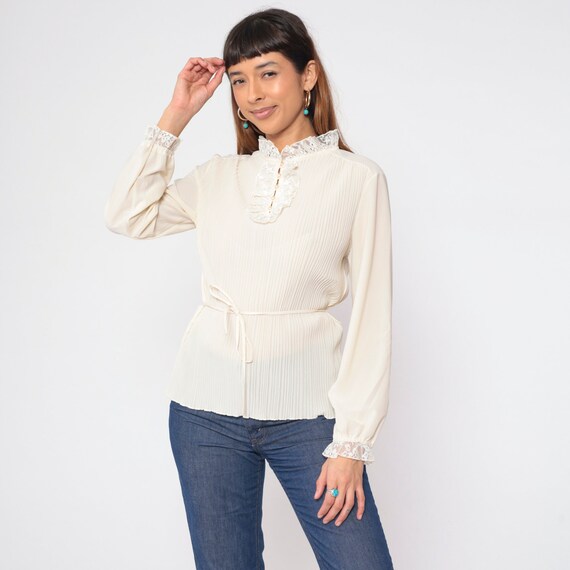 70s Ruffle Blouse Off-White Pleated Tuxedo Shirt … - image 4