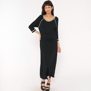 black dress with white piping Tempura Women's Lettuce Crim Knit Mini Dress Contrast Trim Crew Neck Slim Long Sleeve Dress (Black, S) at Amazon Women's Clothing store