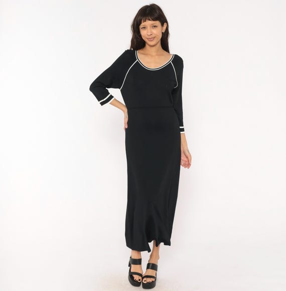 90s Black Knit Maxi Dress Scoop Neck Three Quarter Sleeve Contrast White Piping Trim Raglan A-Line Sporty Vintage Ankle Length Small S