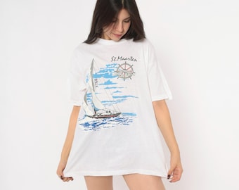 90s St Maarten Sailboat Graphic Tee White Cotton Souvenir T Shirt Blue Nautical Sailing Boat Print Beach Vacation Top Trade Winds Large L