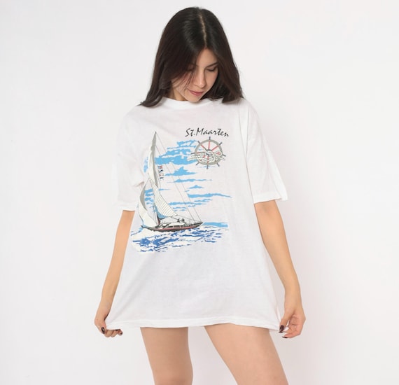 90s St Maarten Sailboat Graphic Tee White Cotton Souvenir T Shirt Blue Nautical Sailing Boat Print Beach Vacation Top Trade Winds Large L
