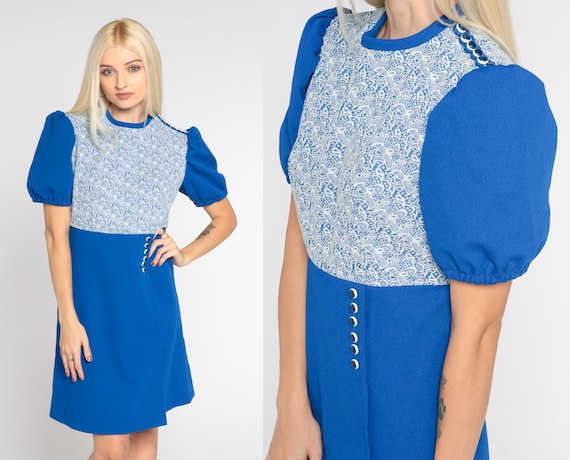 Blue Babydoll Dress 70s Puff Sleeve Mod Mini Dress Lace Overlay High Waisted Mod Dress Dolly Retro Day Girly Minidress Vintage 1970s Small S
