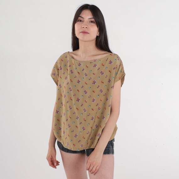 80s Floral Top Taupe Slouchy Flower Print Shirt Retro Wildflower Cap Sleeve Summer Blouse Blue Purple Vintage 1980s Rayon Large L
