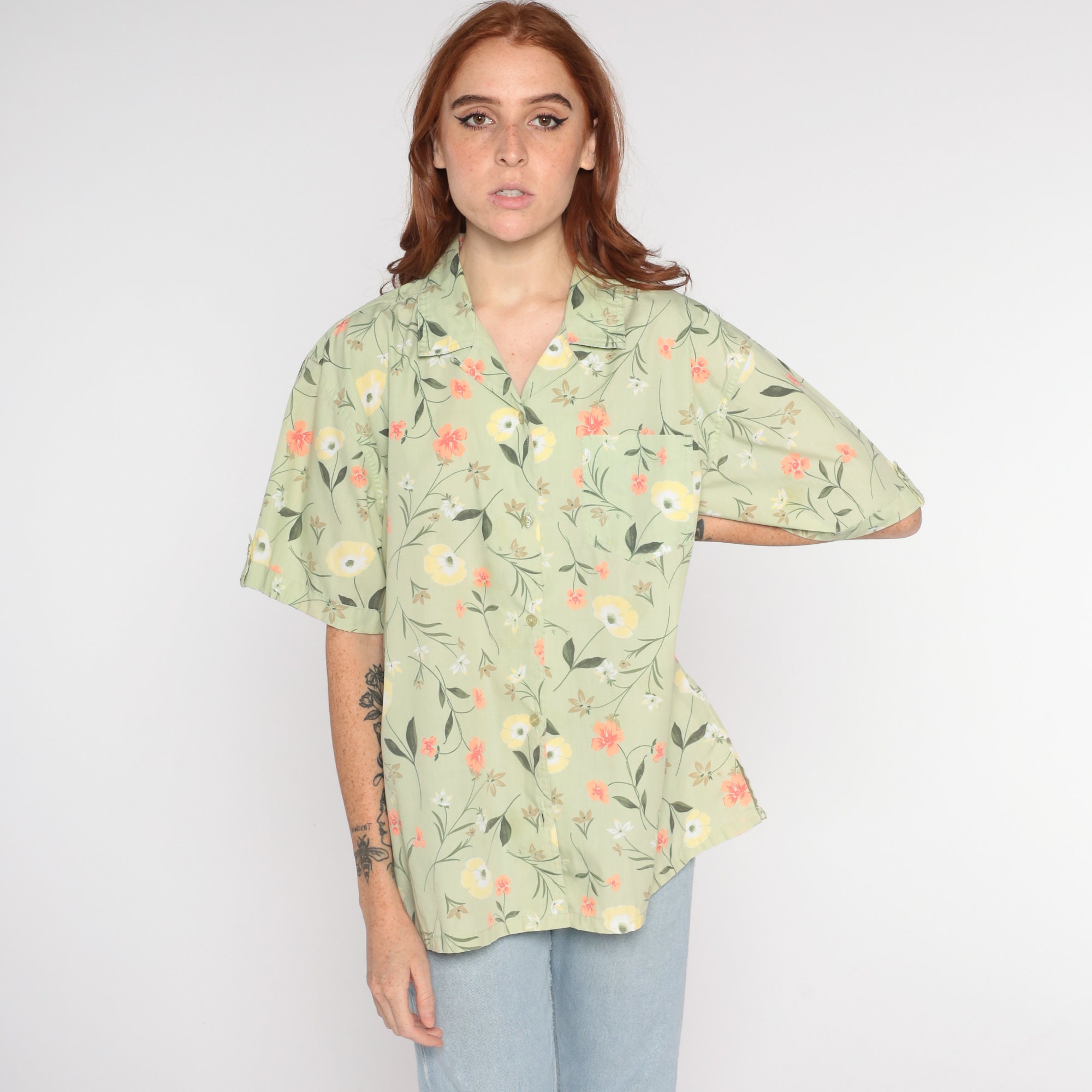 Green Floral Top Y2K Button Up Shirt Retro Girly Short Sleeve Blouse ...