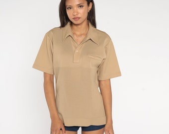 Tan Polo Shirt 70s Textured Collared Shirt Retro Short Sleeve Top Plain Vintage 1970s Pointed Collar Preppy Blank Men's Medium Large