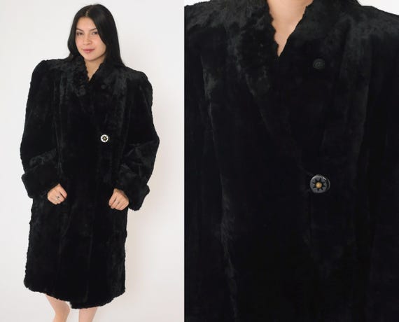 Faux Fur Coat Black 80s Fake Fur Button Up 1980s Furry Vegan Winter Vintage Glam Mid Length Coat Medium Large