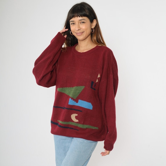 Vintage Burgundy Geometric Sweater 80s Pullover Acrylic Wool Knit Abstract Crescent Moon Crewneck Grunge Retro Boho 1980s Extra Large xl