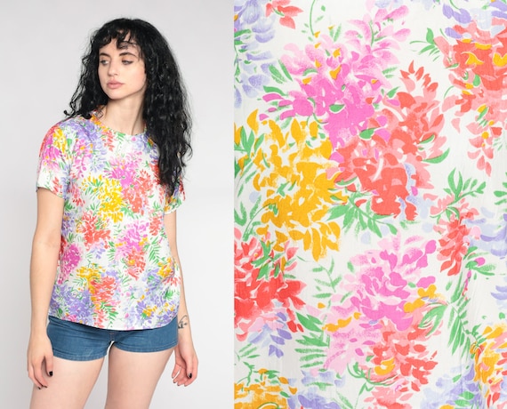 Bright Floral Blouse 90s Pullover Short Sleeve Top White Botanical Shirt Boho 1990s Vintage Purple Pink Collarless Bohemian Large L 12