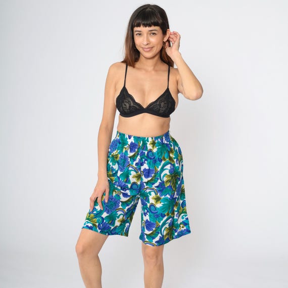 90s Shorts Blue Floral Baggy Shorts High Elastic Waist Wide Leg Lounge Relaxed Swirl Print Retro Baggy Streetwear Vintage 1990s Small