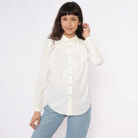 Western Fringe Blouse Y2K White Cowgirl Shirt Long Sleeve Collared Top Ivory Cream Prairie Gold Buttons Vintage Rodeo Aesthetic Medium M