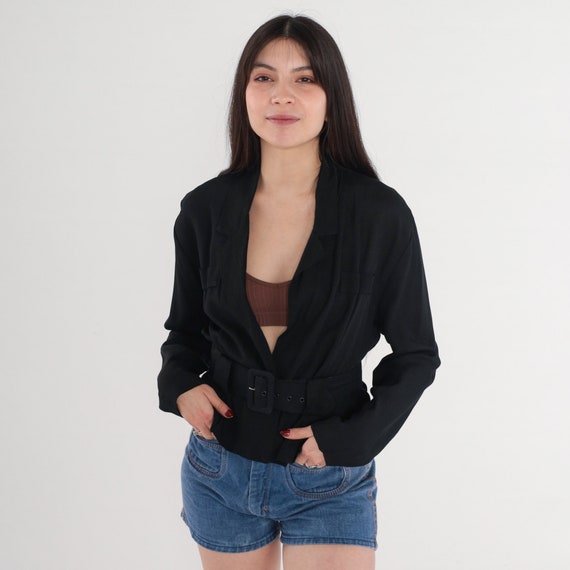 Black Blazer Jacket 90s Belted Blazer Jacket Plunging Deep V Neck Structured Work Blazer Plain Solid Professional Chic Vintage 1990s Small S