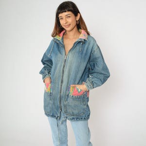 Vintage Southwestern Jean Jacket 90s Denim Jacket Aztec Patch Boho Coat Southwest Zip Up Bohemian 1990s Retro Oversized Medium M