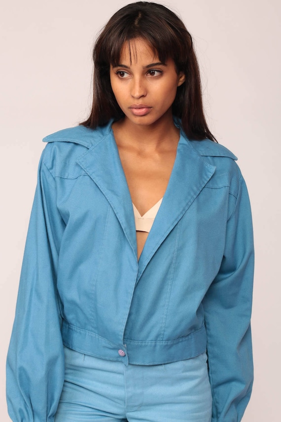 Blue Jacket 70s Jacket Retro Plain OPEN FRONT Normcore Hipster Collar Vintage 1970s Retro Seventies Preppy Medium