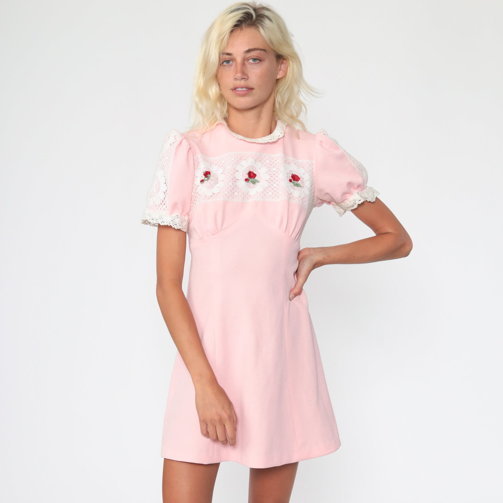 Babydoll Mini Dress 70s Baby Pink PUFF Sleeve Dress Dolly Lace Etsy
