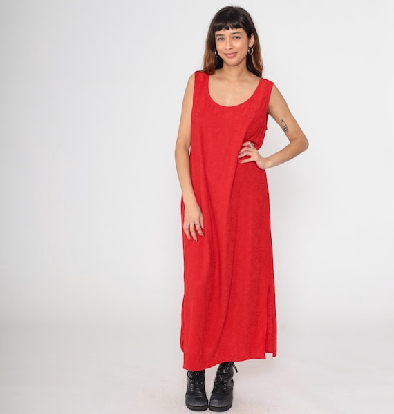 Red Maxi Dress 90s Sleeveless Tank Dress Long Dress Vintage Minimalist Column Casual Summer Resort Wear Relaxed Fit Boho Style Large L