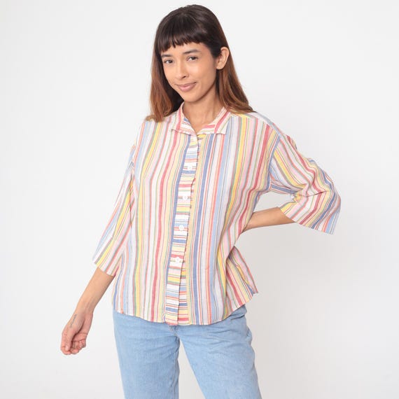 Rainbow Stripe Blouse 80s Distressed Shirt Multicolor Pastel Colorful Cotton Top Collared Three Quarter Sleeve Candy Vintage Women Medium M