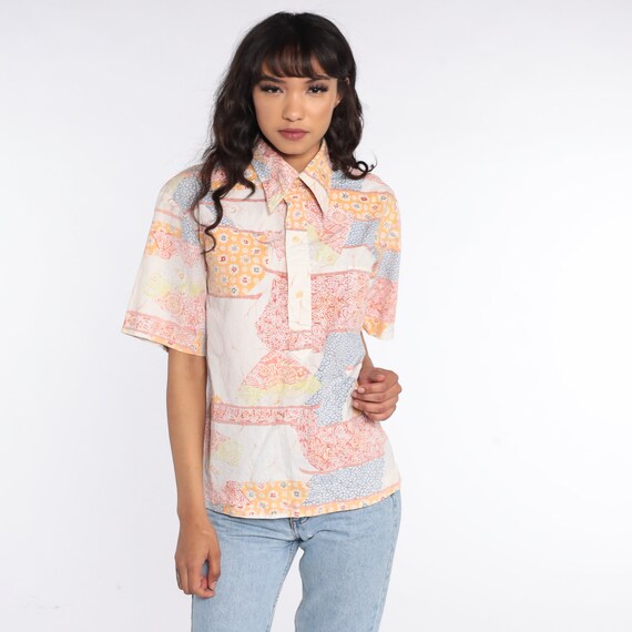 Patchwork Batik Boho Blouse Floral Geometric Prin… - image 3