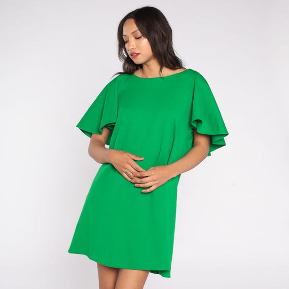 Emerald Green Mini Dress 70s Vibrant Neon Green Cape Sleeve Shift Dramatic Flutter Wing Cocktail Party Mod Elegant Evening Extra Large XL