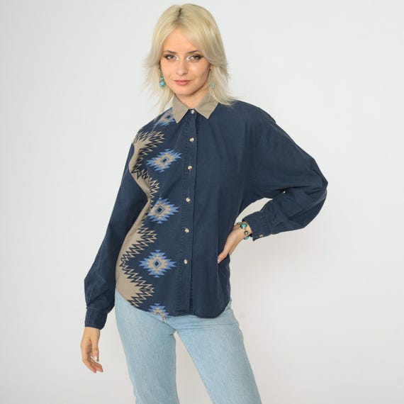 90s Southwestern Shirt Navy Blue Button Up Collared Top Striped Navajo Print Western Blouse Retro Rodeo Long Sleeve Vintage 1990s Small S