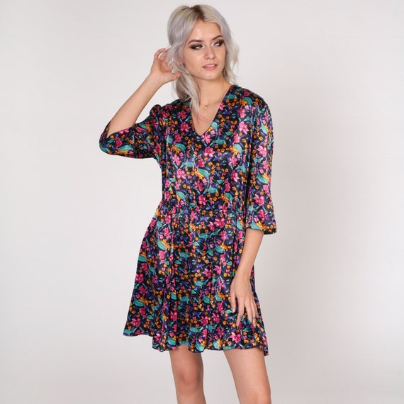 Floral Satin Dress 90s Mini Dress Black Flower Print Shiny High Waisted V Neck 3/4 Sleeve Boho Garden Party Retro Vintage 1990s Medium