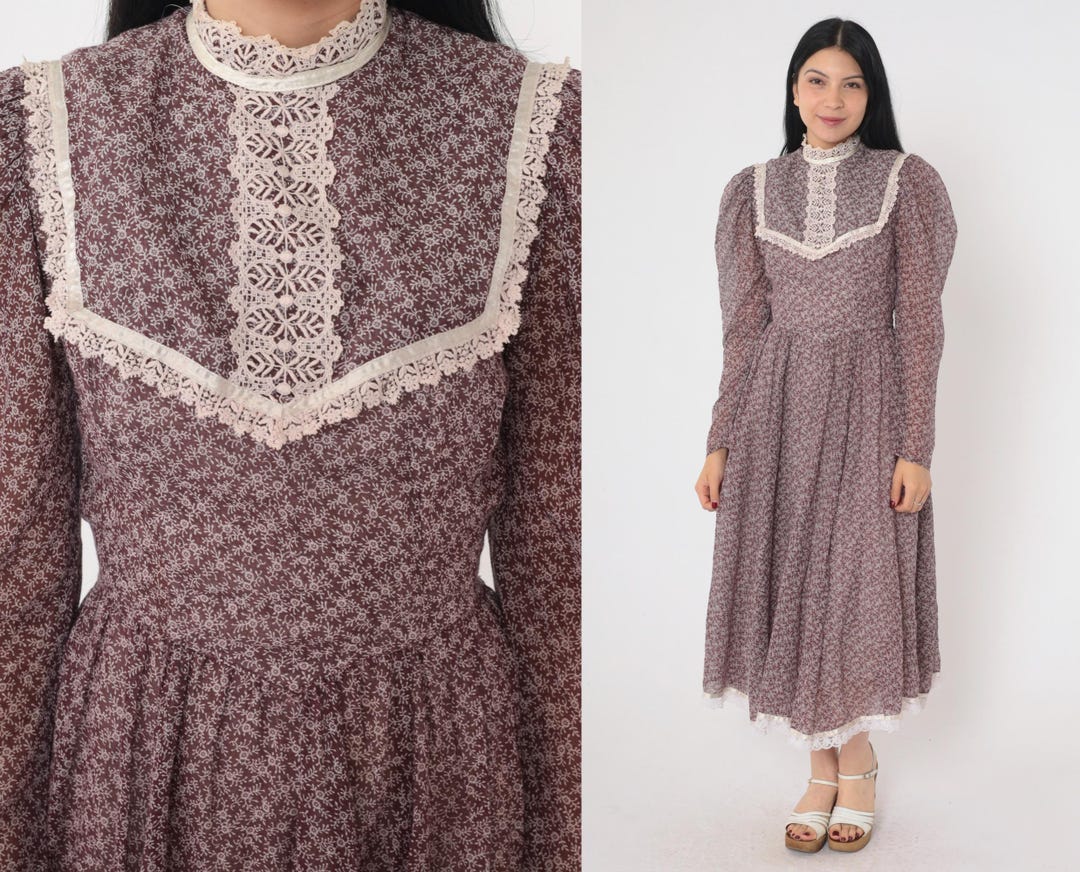 70s Gunne Sax Dress Prairie Midi Dress Brown Floral Calico Lace Bib ...