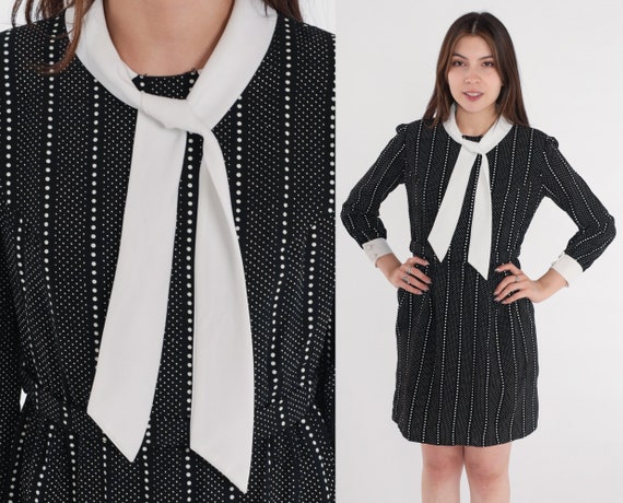60s Ascot Dress Mod Mini Dress Black White Dot Pr… - image 1