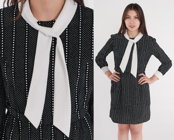 60s Ascot Dress Mod Mini Dress Black White Dot Print High Waisted Preppy Chic Jackie O Mad Men 3/4 Sleeve Vintage 1960s Lanz Originals Small
