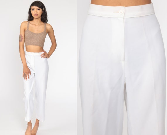 White Straight Leg Trousers 70s High Waisted Pants 80s Vintage Summer Slacks Small 26
