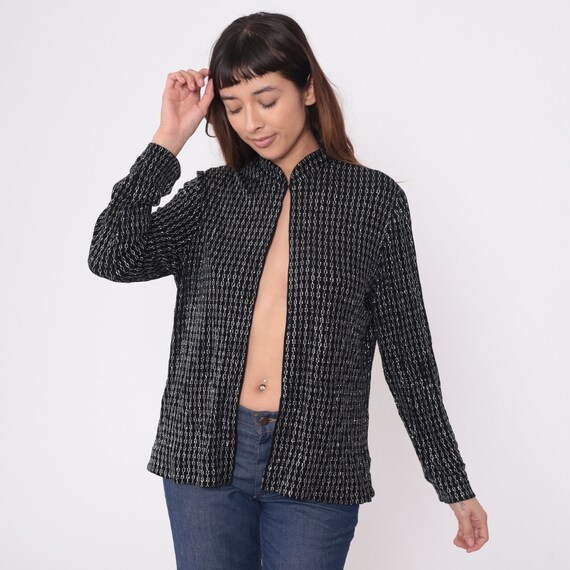 Black Metallic Jacket 80s Disco Party Cocktail Silver Mandarin Collar Jacket Open Front Formal Sparkle Chain Print Vintage 1980s Large 12