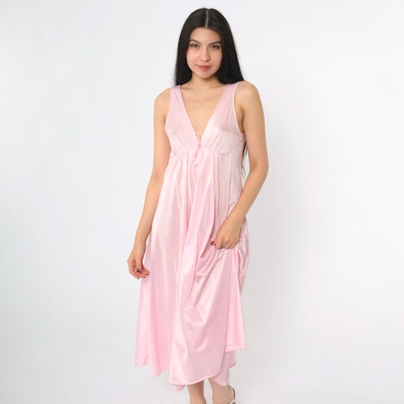 Vintage Baby Pink Nightgown 80s Sleeveless Pastel Slip Dress Sleeveless Maxi Nightie Boho Lingerie Deep V Neck Empire Waist Small S