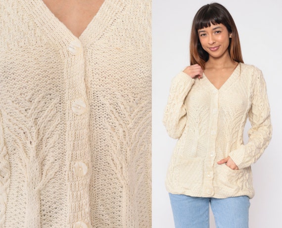 Cream Cable Knit Cardigan Y2K Button up Sweater Merino Wool Chunky Knit Tree Print Fisherman Boho Cableknit V Neck Fall Vintage 00s Medium M