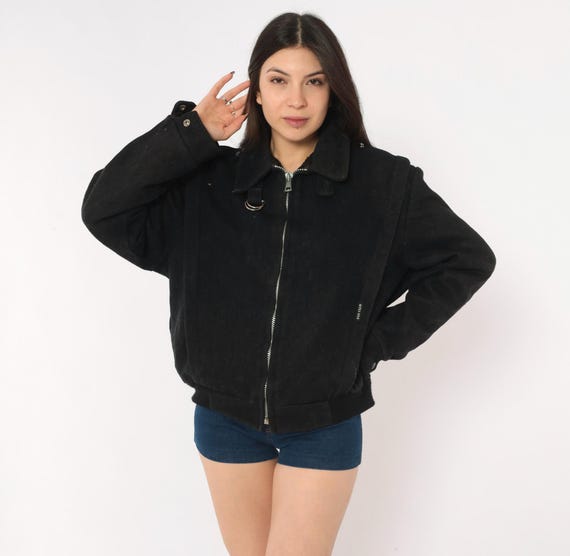 80s Distresssed Fan Club Wool Bomber Black Zip Front Jacket D Ring Hardware Cropped Coat Moto Style Dark Grunge Alt Vintage Mens Small S