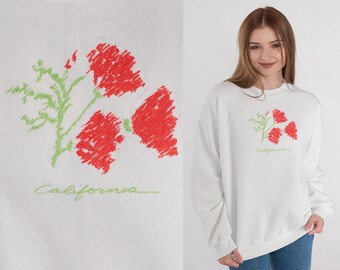 California Poppy Sweatshirt 90s Poppies Shirt Floral Flower Graphic Sweater Retro Crewneck Pullover Tourist Travel CA Top White 1990s Large