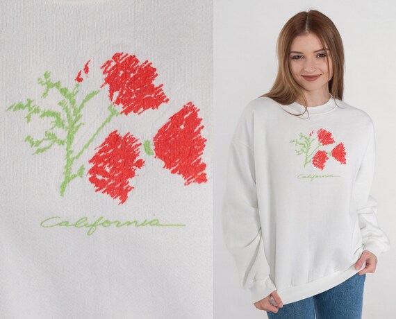 California Poppy Sweatshirt 90s Poppies Shirt Floral Flower Graphic Sweater Retro Crewneck Pullover Tourist Travel CA Top White 1990s Large