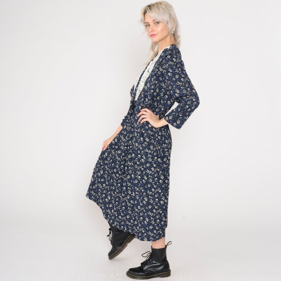 Floral Granny Dress 90s Blue Midi Dress Lace V Neck L… Gem