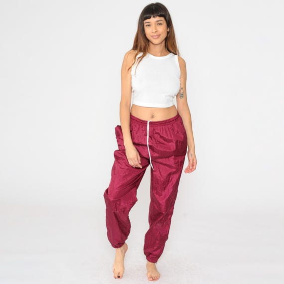 Vintage 90s Track Pants Burgundy Nylon Jogging Pants Warmup Windbreaker Pants Streetwear Athletic Sports Small Medium